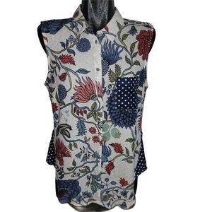 Marie Claire Floral Sleeveless Button Up Top with Polka Dot Accents L